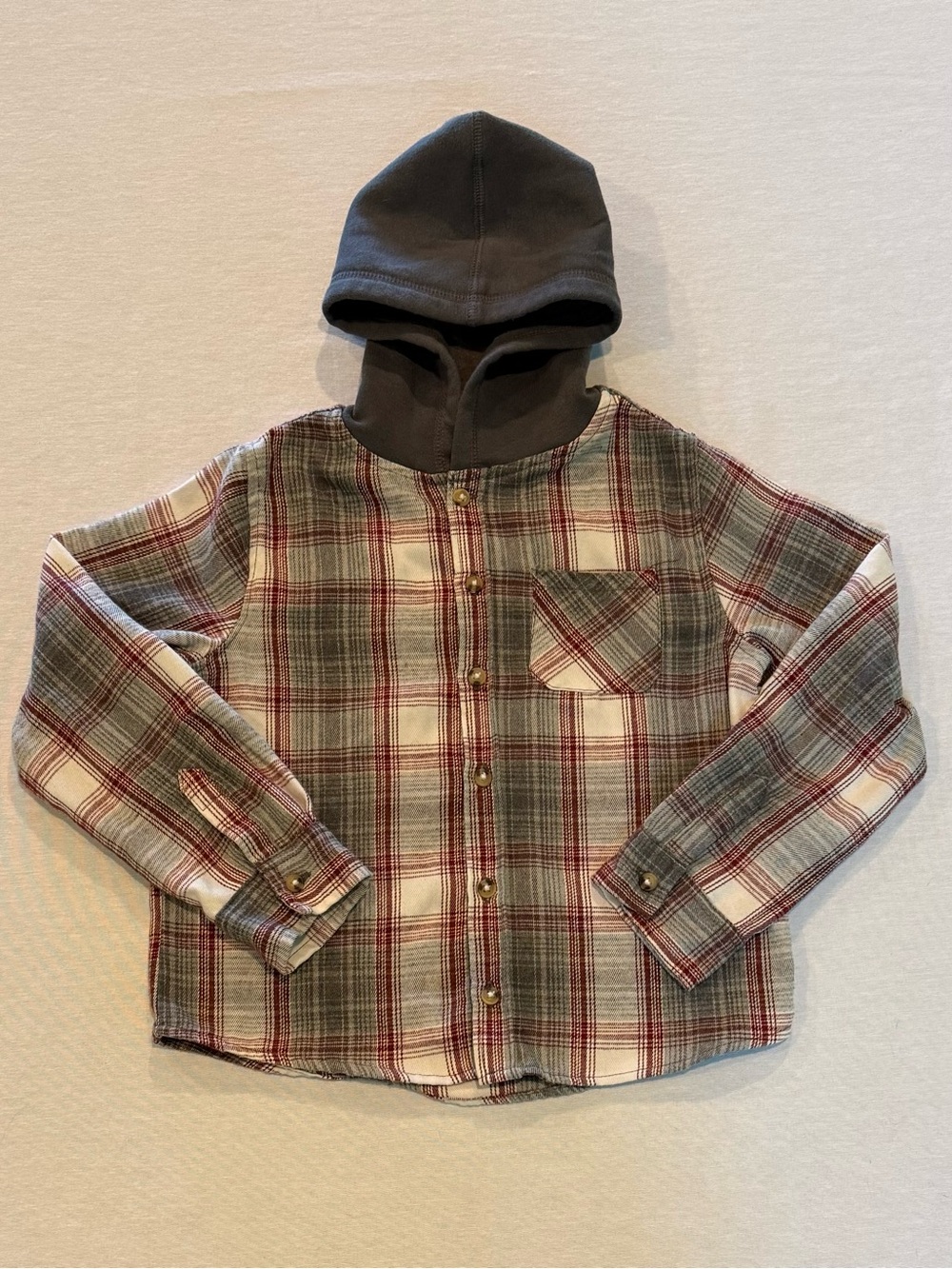 Stitch & Stone Boys Plaid Flannel Hoodie Shirt Jacket Size 6 Red and Gray Soft